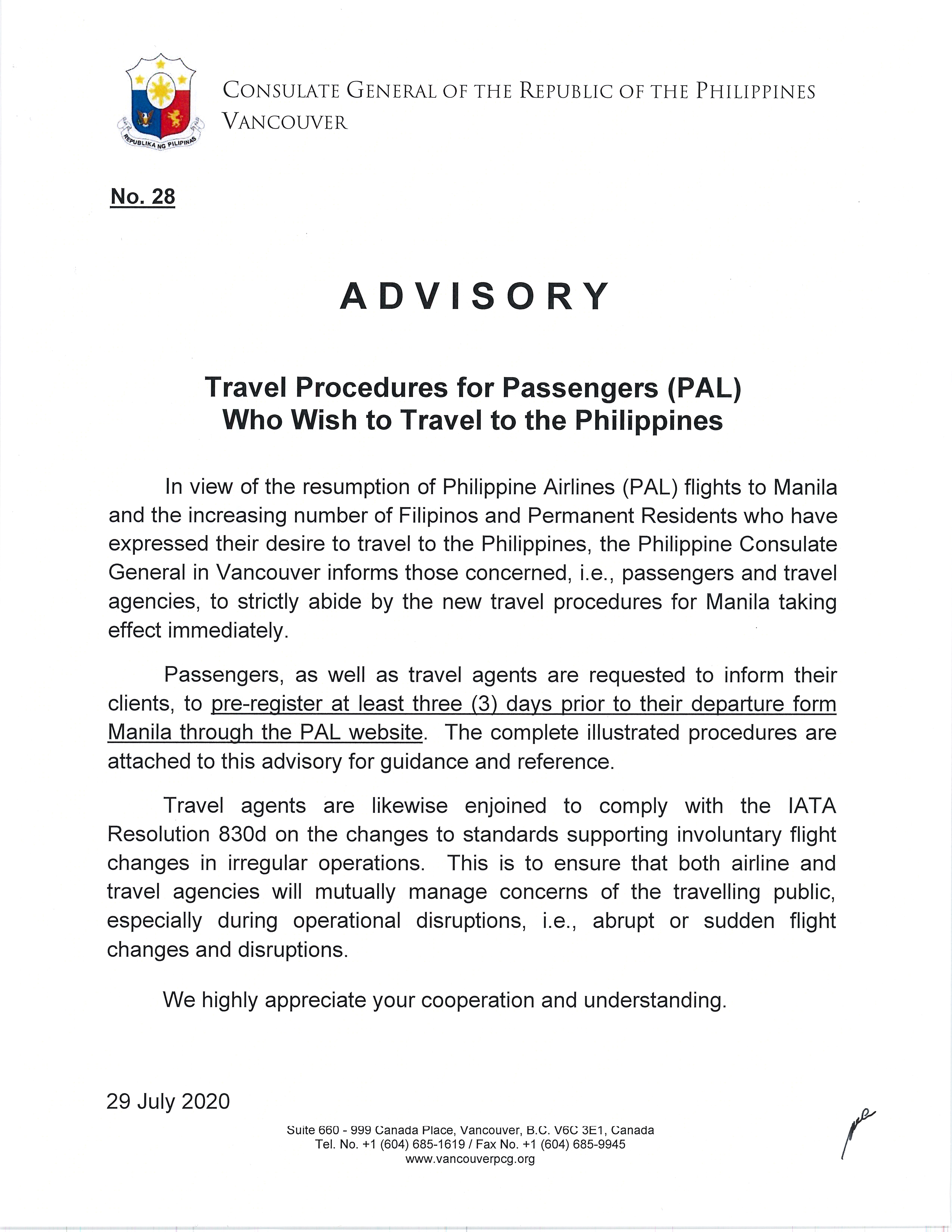 Advisory - Travel Procedures for Passengers (PAL) Who Wish to Travel to the  Philippines - Vancouver Philippines Consulate General
