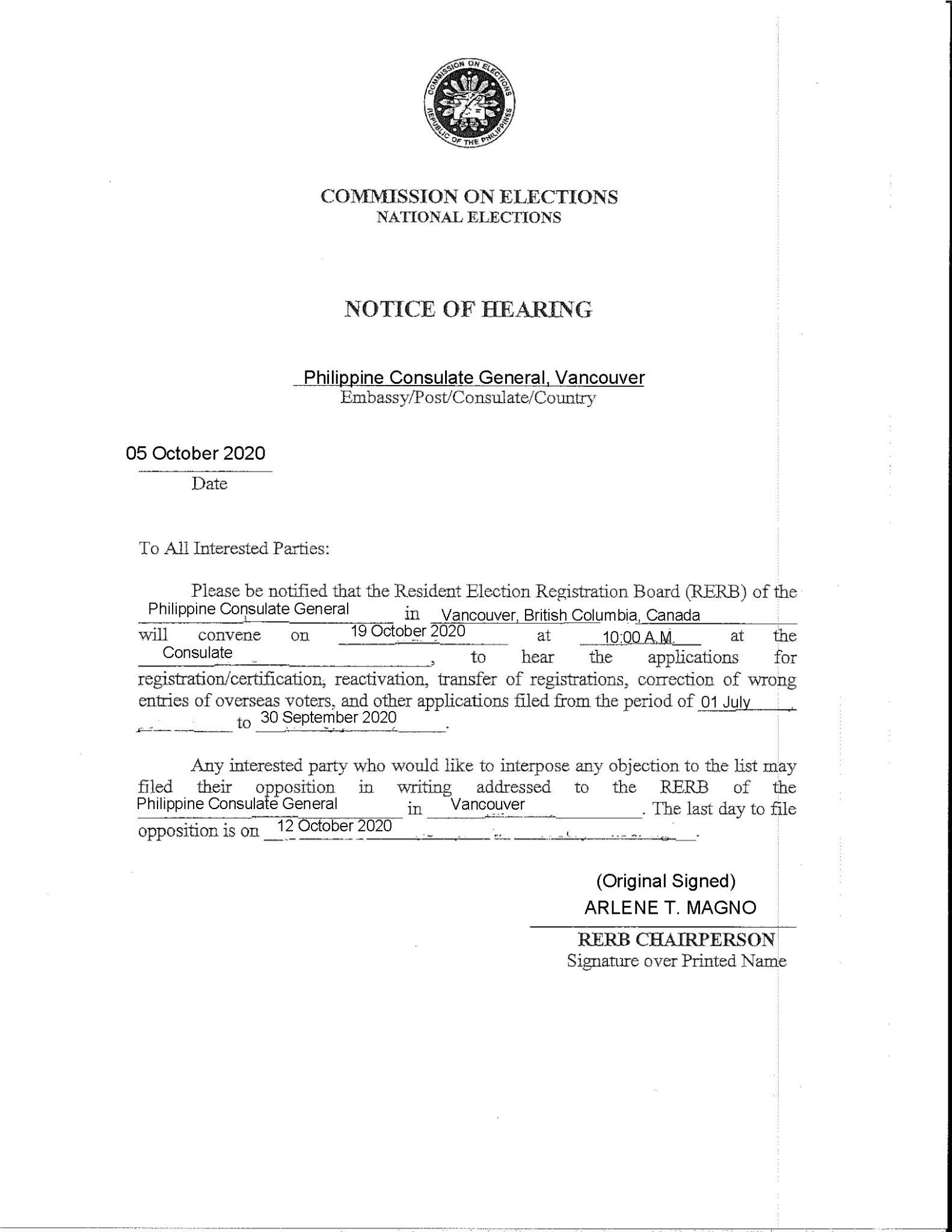 Notice of Hearing 19 October 2020, Resident Election Registration