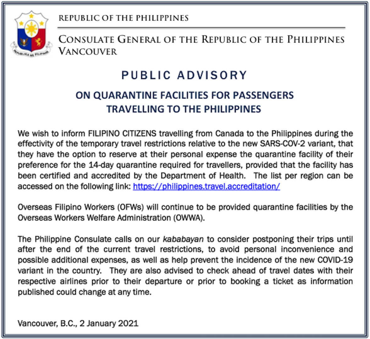 PUBLIC ADVISORY ON QUARANTINE FACILITIES FOR PASSENGERS TRAVELLING TO