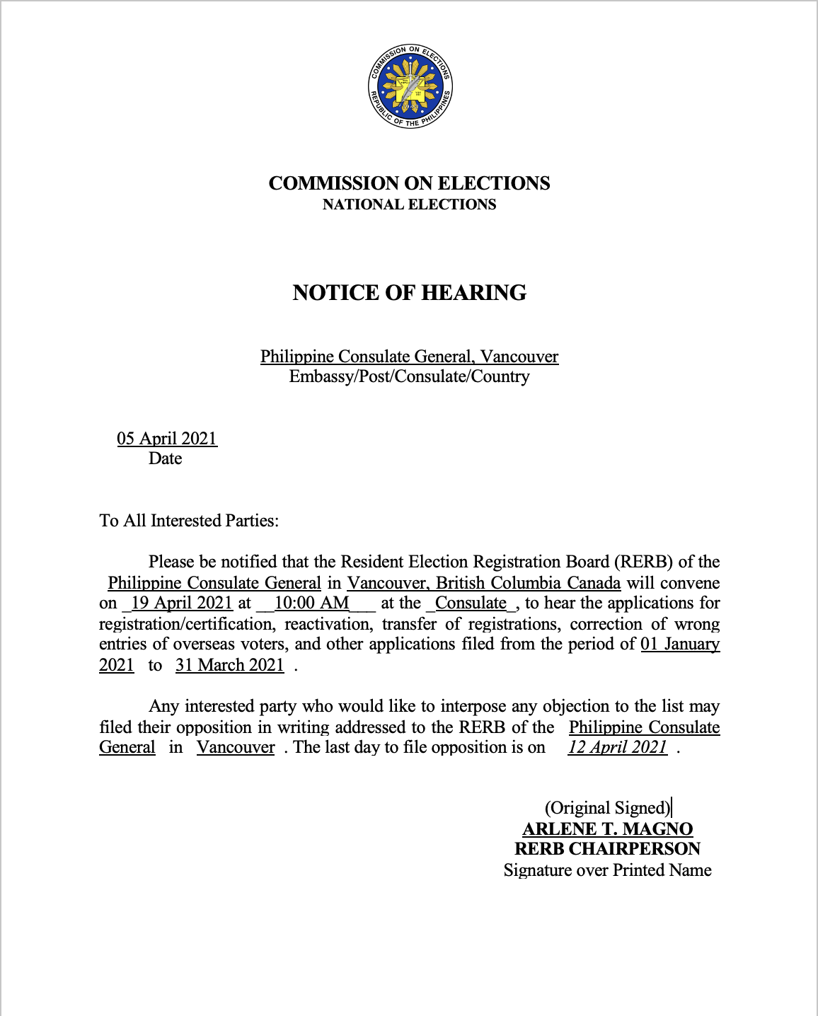Notice of Hearing The Resident Election Registration Board (RERB