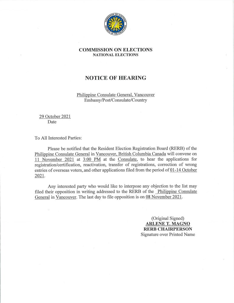 NOTICE OF HEARING Resident Election Registration Board (RERB), 11