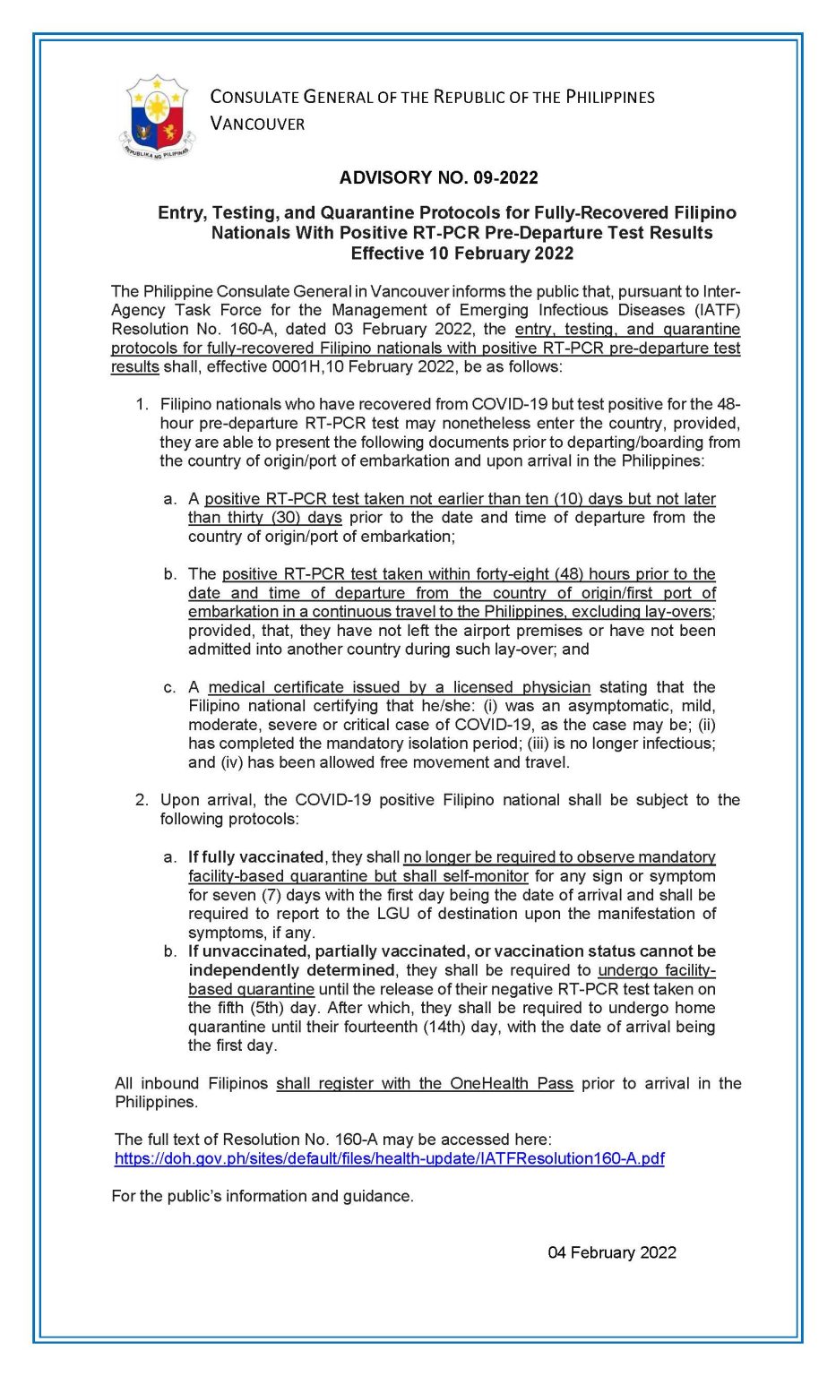 ADVISORY NO. 092022 Entry, Testing, and Quarantine Protocols for