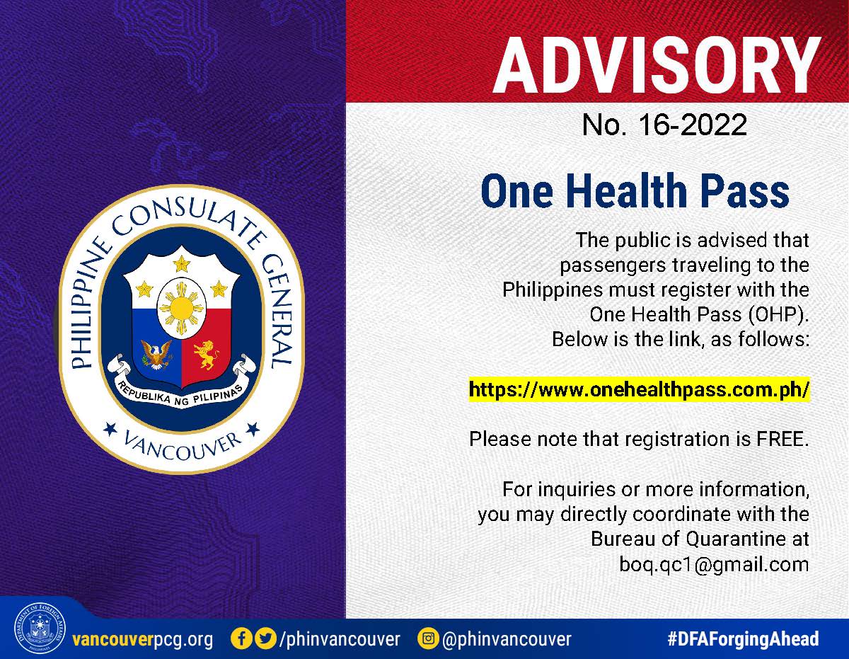 ADVISORY No. 162022 One Health Pass Vancouver Philippines Consulate
