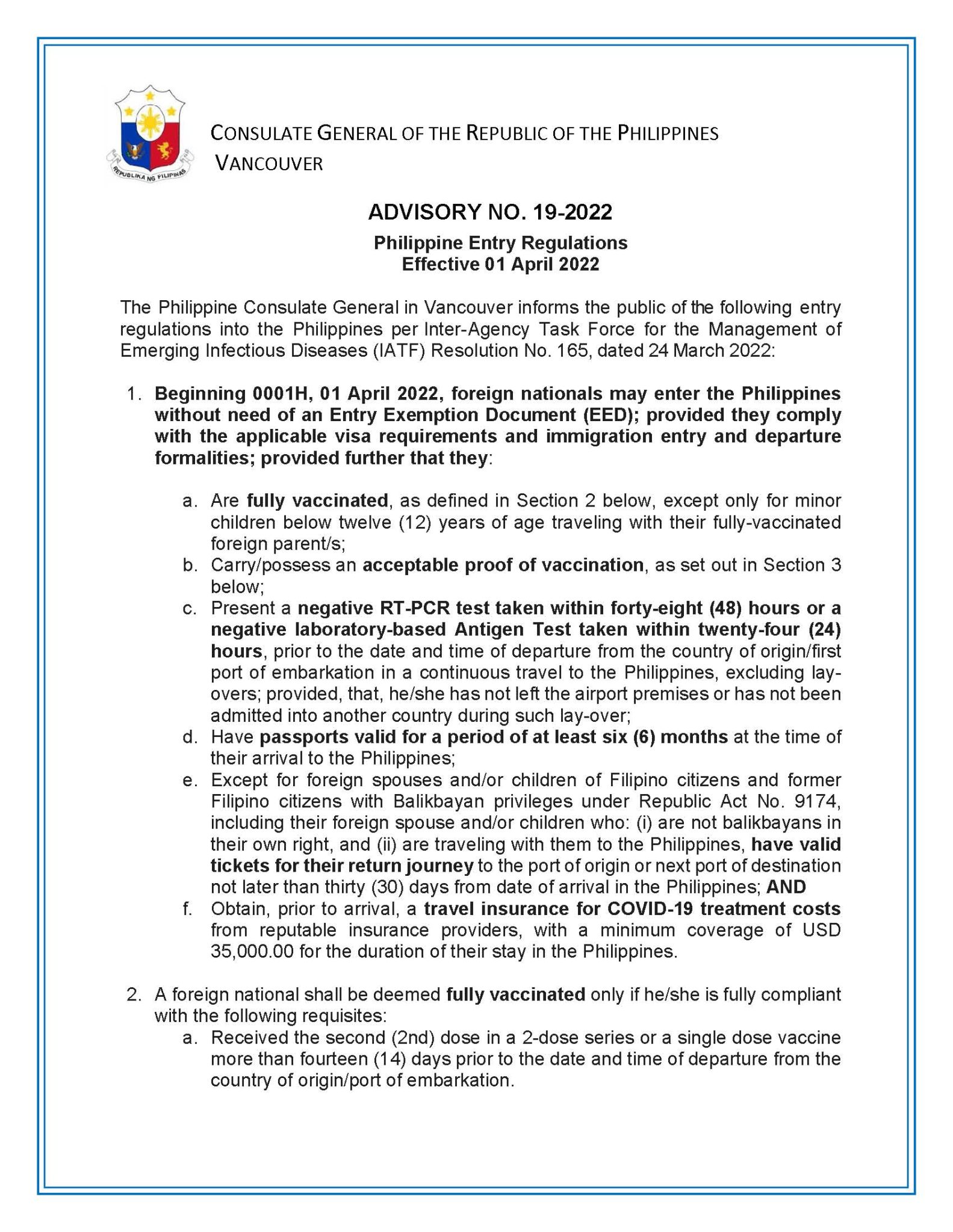 ADVISORY NO. 192022 Philippine Entry Regulations Effective 01 April