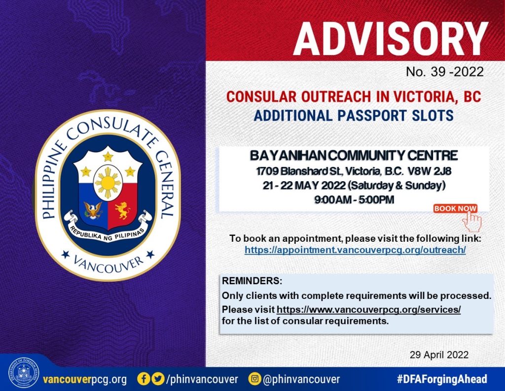 ADVISORY NO. 392022 Consular Outreach in Victoria, BC Additional