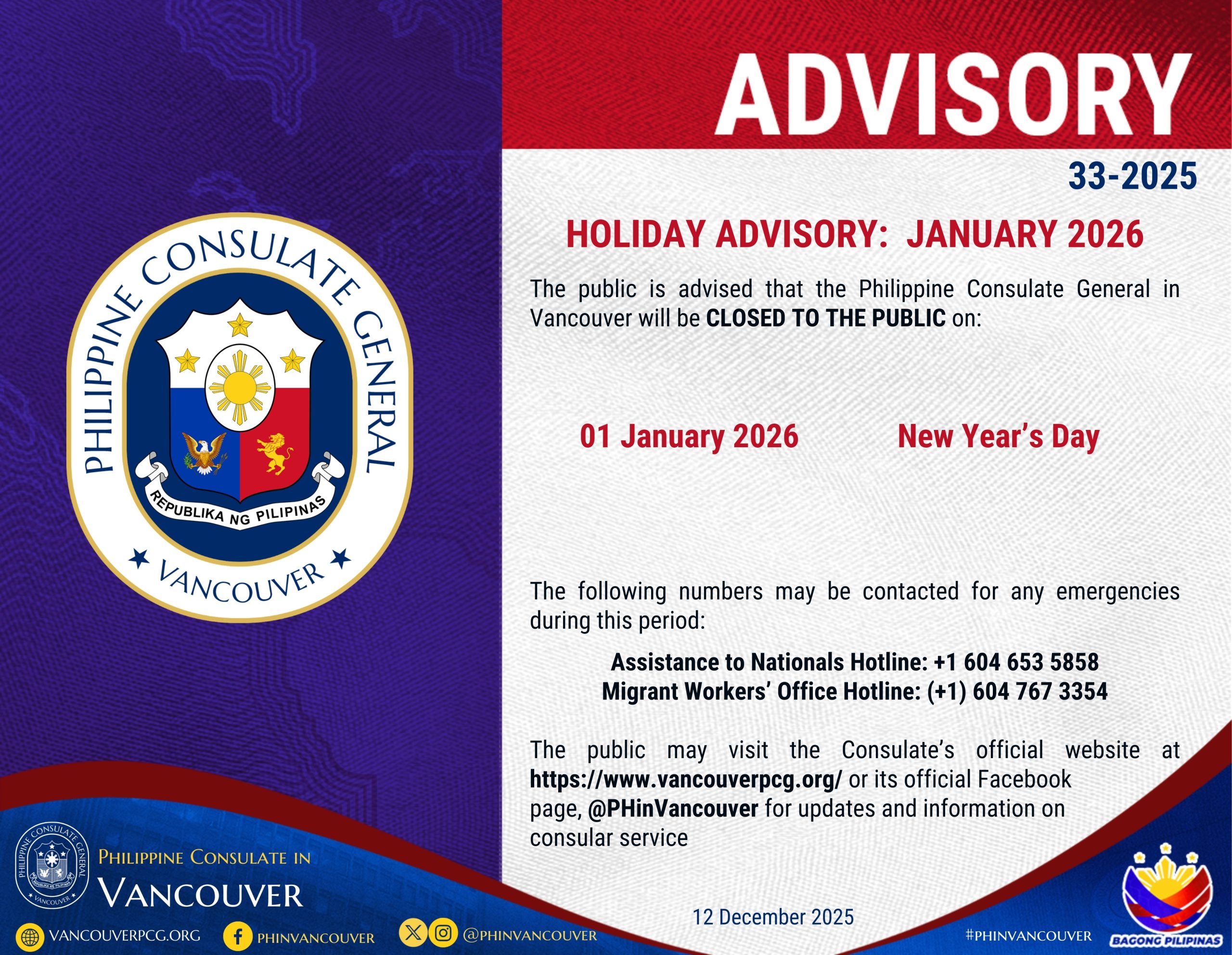 ADVISORY NO. 33-2025: Holiday advisory for January 2026