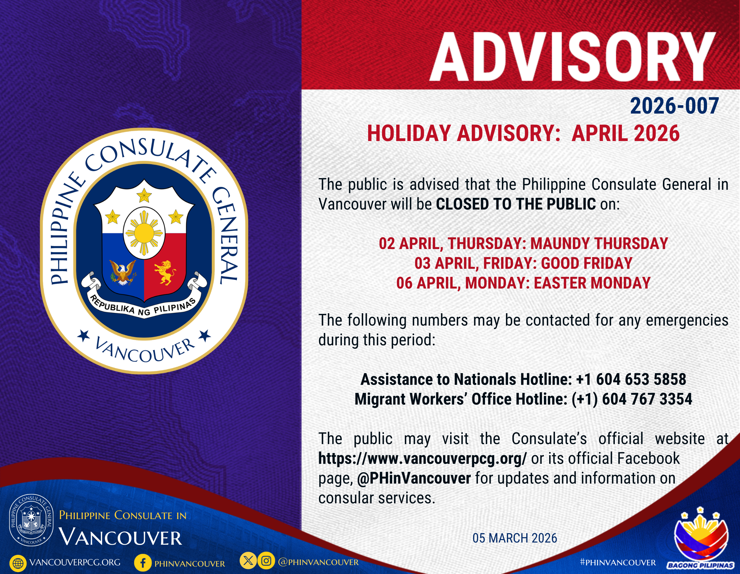 ADVISORY NO. 2026-007: HOLIDAY ADVISORY FOR APRIL 2026