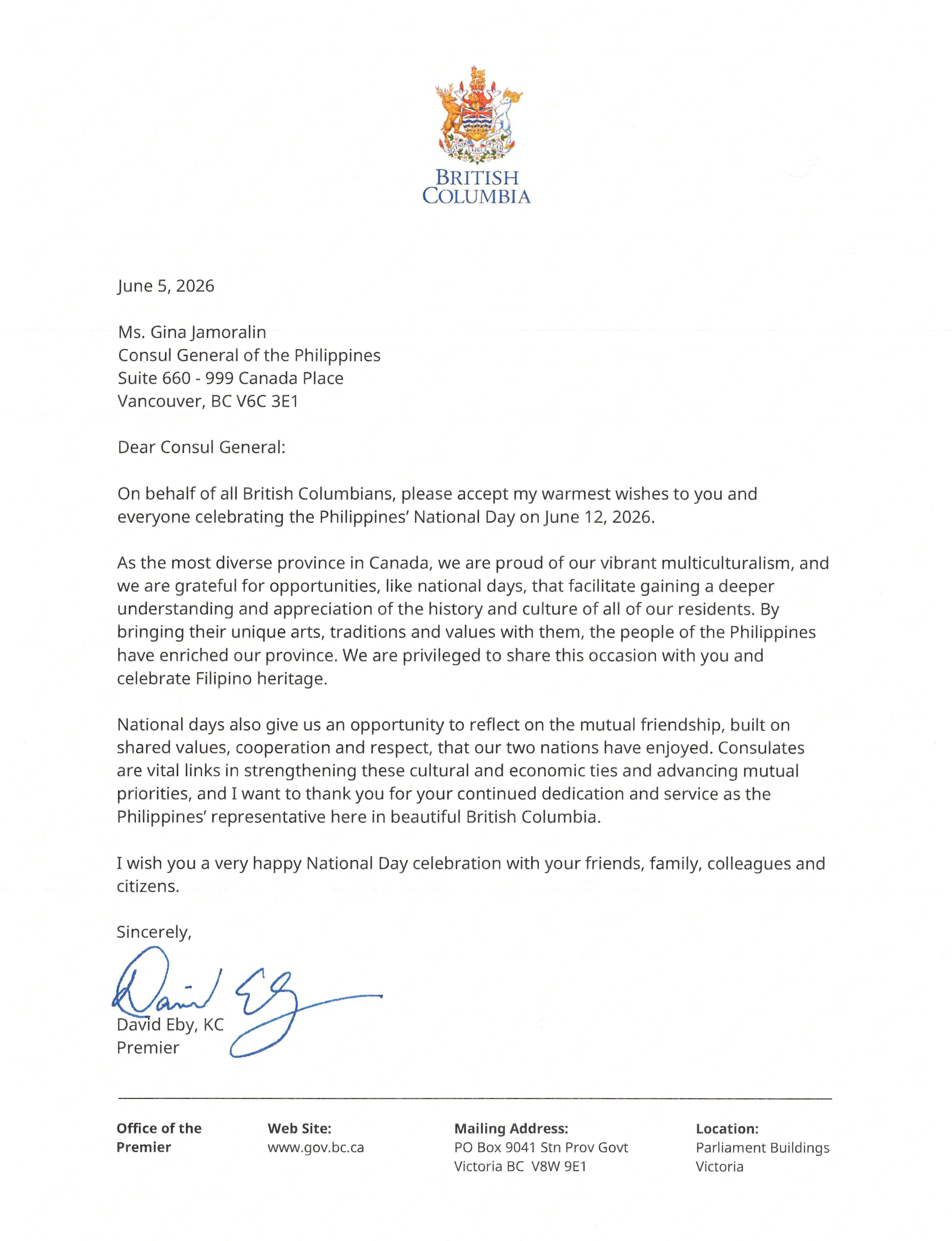 BC Premier David Eby’s letter to Consul General Gina A. Jamoralin on the occasion of the 128th Philippine Independence Day.